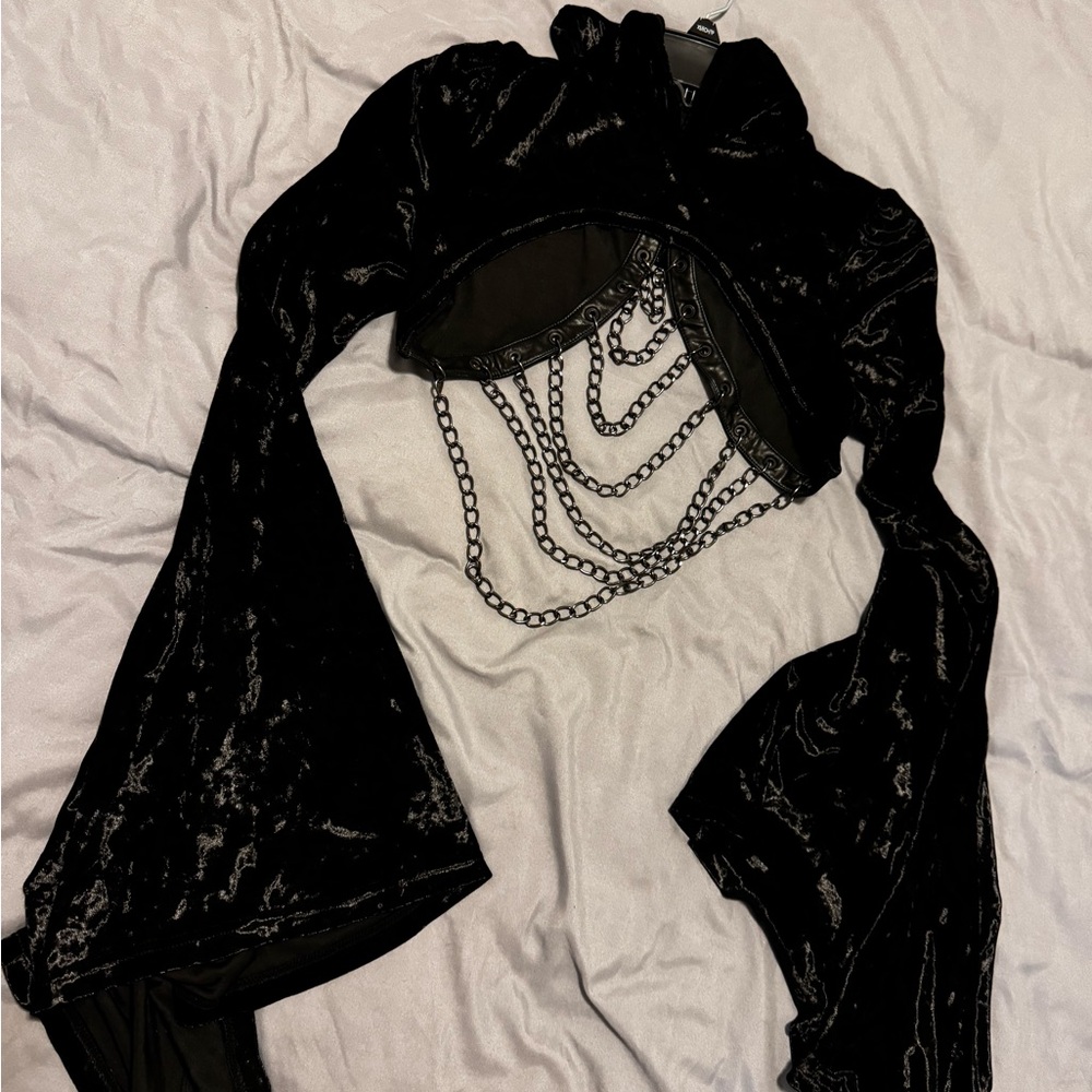 Willow Black Long Belle Sleeve Velvet Top with Chains